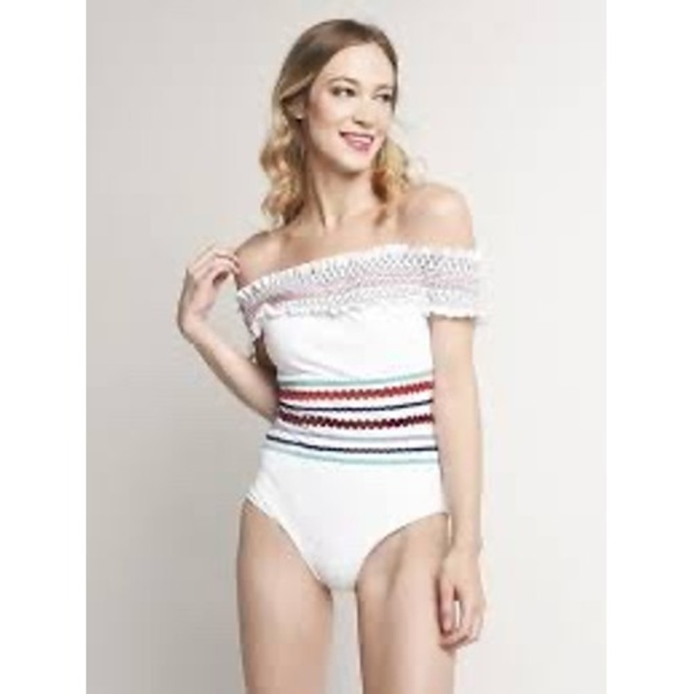 Red Carter Impanema White Smocked Off the‎ Shoulder One Piece Swimsuit, Small